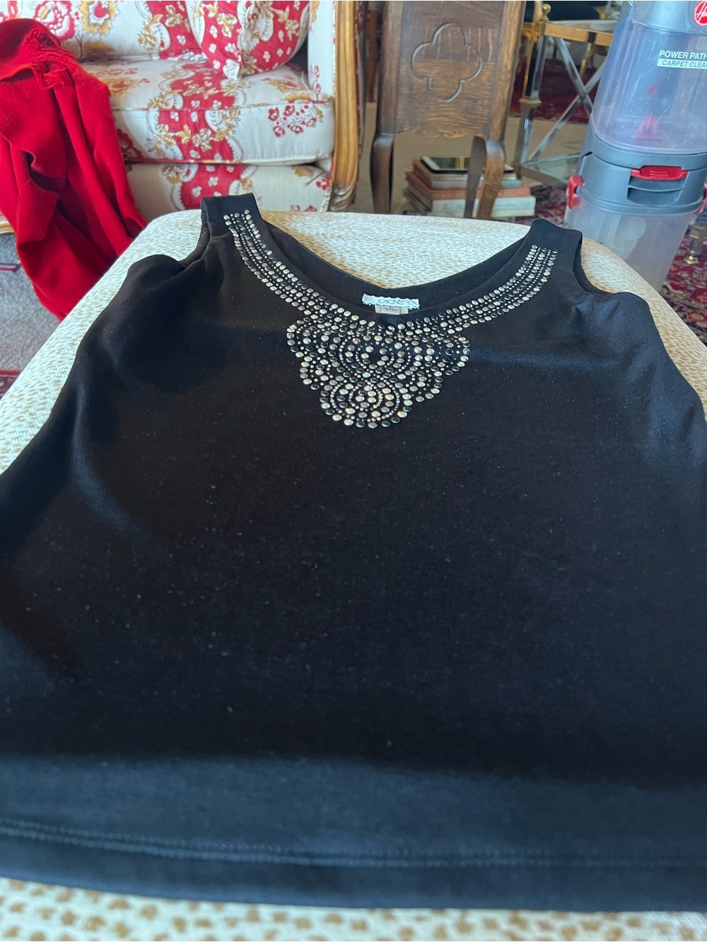 Cache Black Tank Top with Rhinestone Neck Motif